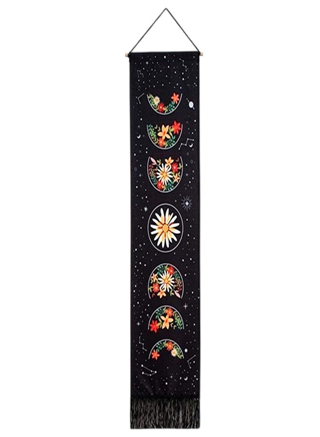 Wuyituart Black Floral Moon Vertical Tapestry Wall Hanging Long Boho Flower Fabric Wall Art Tassel Tapestry for Bedroom Living Room Home Decoration, 58x13 Inch - Image 1